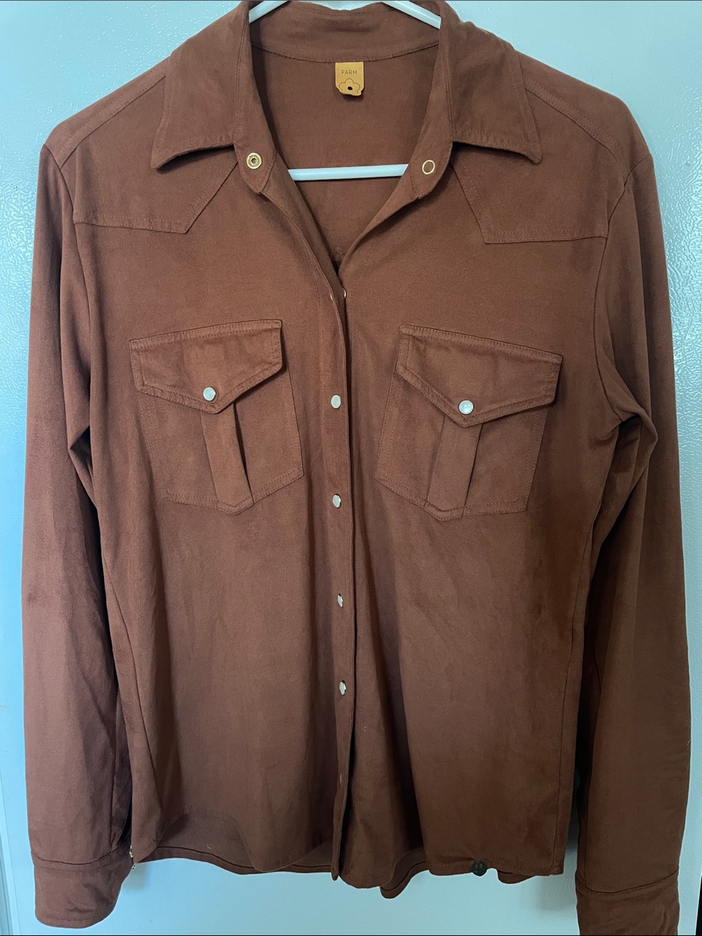 Farm Small Women’s Brown Suede-Look Button Up Collar Long Sleeve Blouse